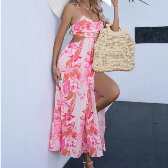 Floral print slit thigh cutout waist backless Maxi dress - Picture 5 of 8